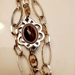 Brighton Geneva Silver and Gold Chain Bracelet, 3 Strand, Tiger Eye Fits 7.5 In